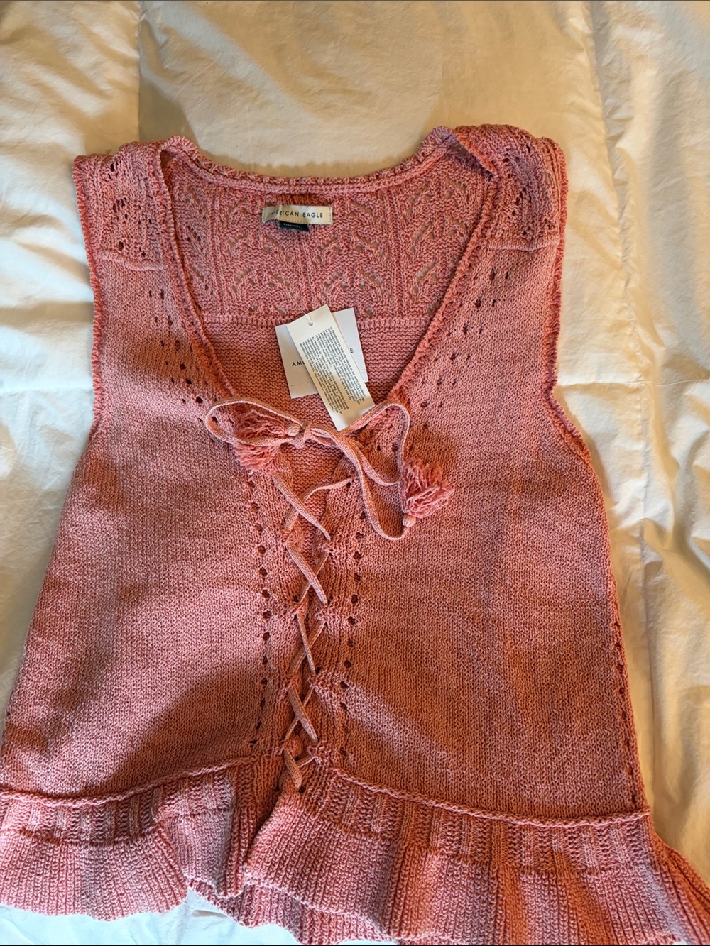 American Eagle Outfitters Pink Lace-Up Knit Ruffle Tank